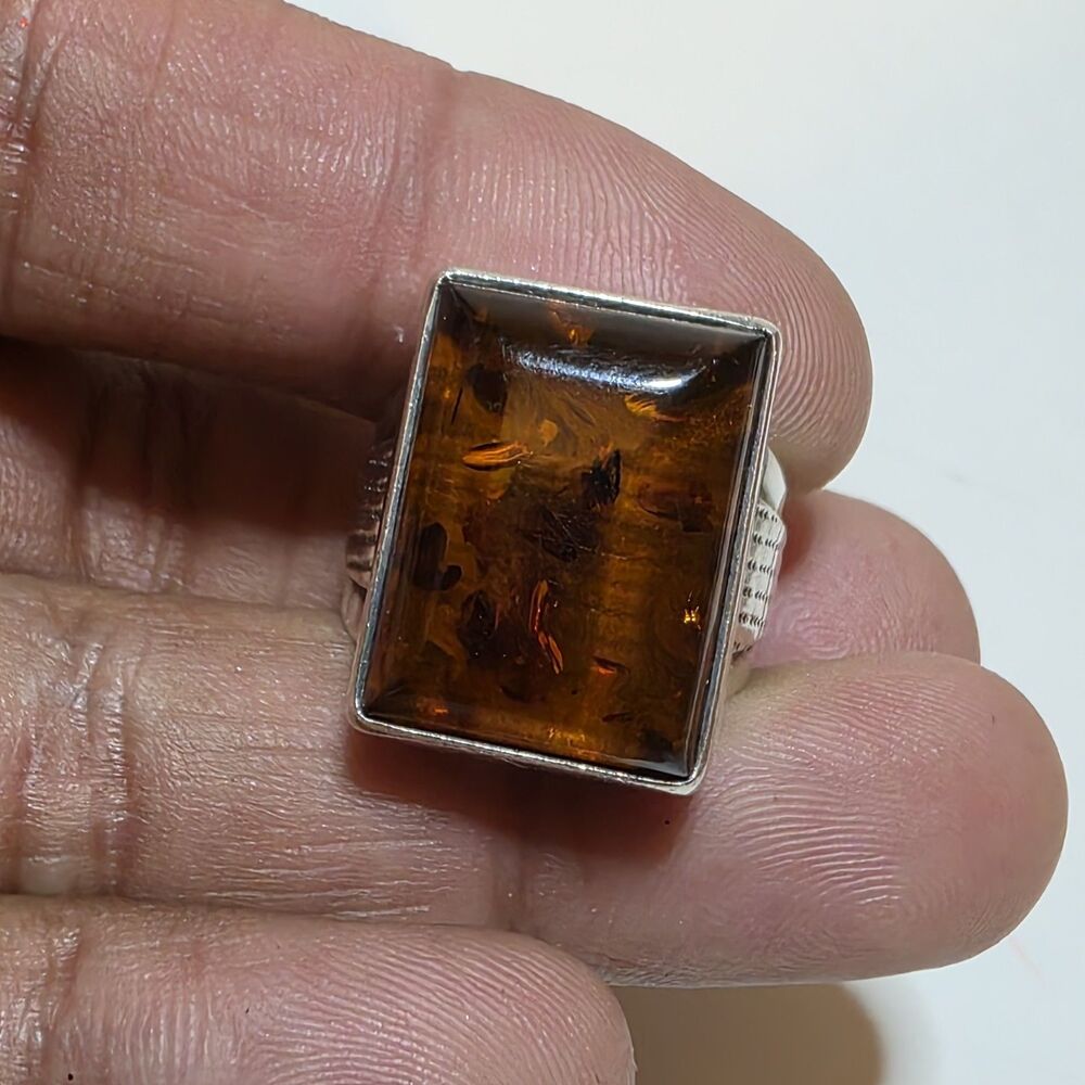 Sterling Silver 925 Rectangular Amber Cocktail Statement Ring Size 9 Weighs 12 G
